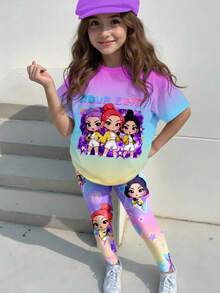 2pcs/Set Idol Girl Group Printed Top & Leggings Set, Fashionable Casual Outfit For Teenage Girls