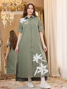 Teens/Teen Girl Casual Vacation V-Neck Button-Up Loose Dropped Shoulder Large Floral Lily Print Turnover Mid-Sleeve Maxi Woven Dress, Gray-Green - Green - View 6