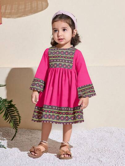 SHEIN Babygirl Cute Fuchsia Geometric Pattern Long Sleeve Dress, Spring/Summer