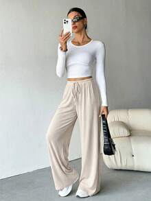 SHEIN Tall Women's Ribbed Brushed Wide Leg Pants, Suitable For Autumn/Winter - Beige - View 5