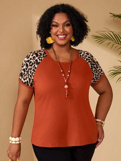 EMERY ROSE Plus Size Solid & Leopard Print Patchwork Round Neck Short Sleeve T-Shirt For Summer/ Vacation