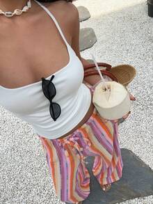 Aloruh 女士低腰休闲复古缎面百搭棕色长裙 - 彩色 - 查看 7