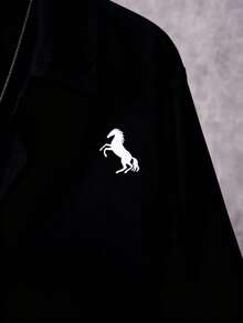 SHEIN Vacaura Teen Boys Casual Gentleman Style Embroidered Long Sleeve Shirt Black Long Sleeve Shirt Horse Logo Shirt - Black - View 3