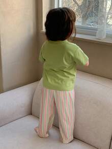 DAZY 2件套女婴圆领纯色短袖上衣和条纹宽松裤睡衣套装，幼儿女童服装 - 綠色 - 查看 2