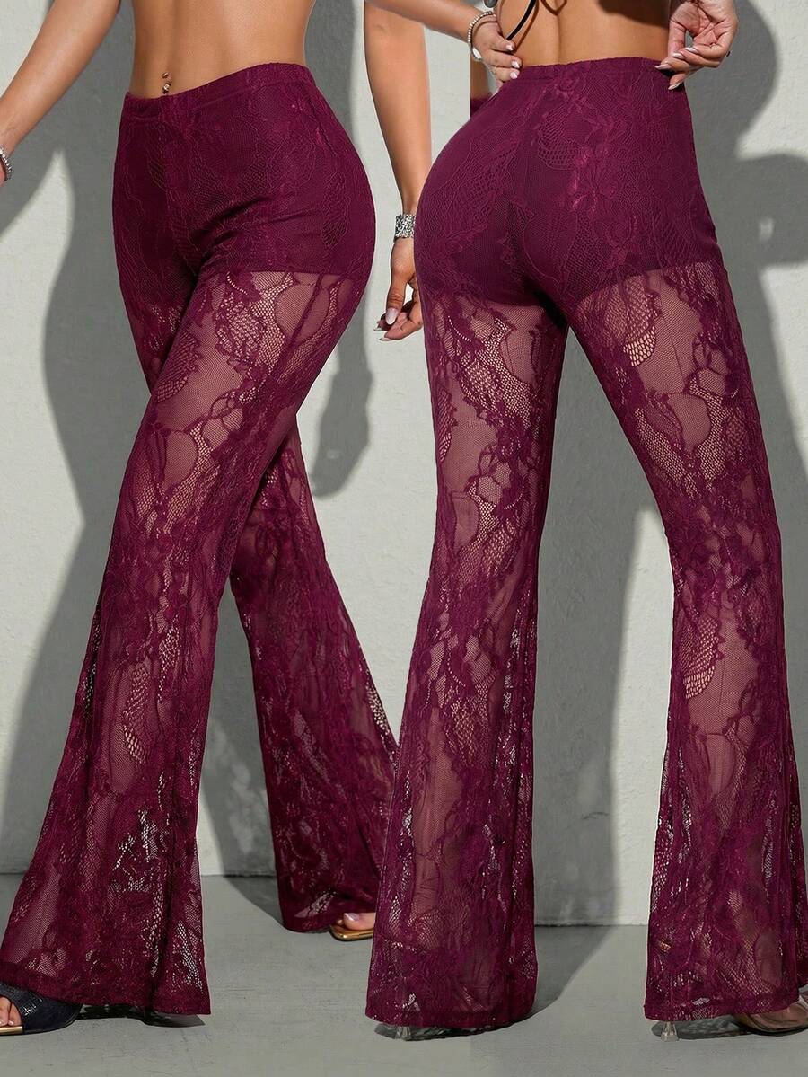 SHEIN ICON 女士Y2K性感西部风低腰蕾丝喇叭裤，优雅时尚 - 酒紅色 - 查看 1