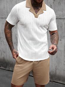 Manfinity CasualCool 男士夏季休闲撞色纹理 Polo 衫和短裤套装 - 彩色 - 查看 4