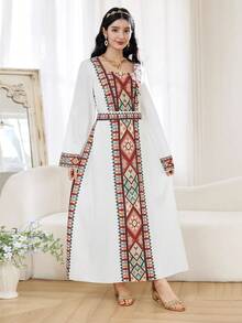 SHEIN Teen Girl Geometric Print Casual Party & Outing Flare Sleeve Dress - Apricot - View 5
