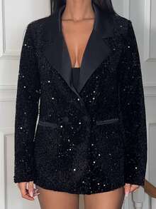 Ronhire Blazer/chaqueta con diseño elegante de tela suelta con parches de lentejuelas - Negro - Ver 4
