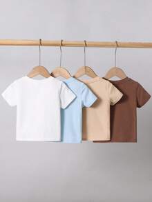 SHEIN Bộ 4 áo thun ngắn tay cổ tròn màu trơn, đa năng, thoải mái cho bé trai/bé gái. - Nhiều màu - Xem 2