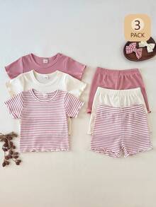 SHEIN Bộ 6 món cho bé gái, kiểu dáng thường ngày, kẻ sọc màu mơ, trắng, hồng, cổ tròn, tay ngắn và quần short cạp chun, thoải mái khi chơi ngoài trời hoặc ở nhà, đa năng cho mùa xuân/hè. - Nhiều màu - Xem 8