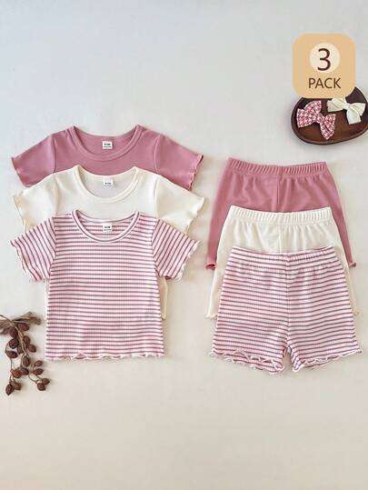 SHEIN 6件套女婴休闲日常条纹杏色、白色、粉色圆领短袖上衣和松紧腰短裤套装，舒适适合户外玩耍或居家穿着，春夏百搭。
