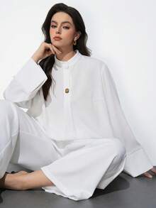 Maija Plus Size Women's Solid Color Stand Collar Long Sleeve Single-Breasted Casual Shirt - White - View 1