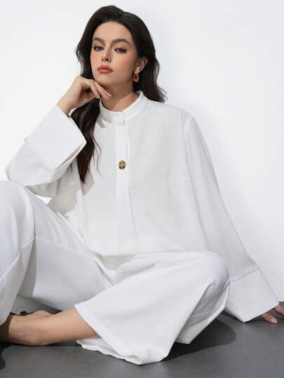 Maija Plus Size Women's Solid Color Stand Collar Long Sleeve Single-Breasted Casual Shirt