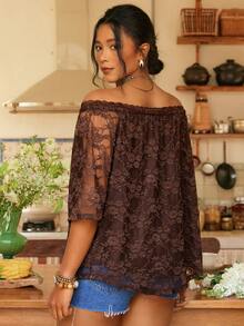 Freevana 大码露肩薄纱纹理上衣，可爱度假风，情人节夏季乡村复古风。 - 咖啡棕 - 查看 4