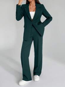 EURMUSE Bộ quần áo hai mảnh màu trơn dành cho nữ, gồm áo blazer và quần dài. - Màu xanh lá cây đậm - Xem 6