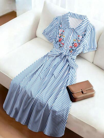 GlowEve CURVE Plus Size Women Summer Short Sleeve Striped Print Shirt, Buttoned Front, Waist Tie Picnic Dress For Woman Blue Striped Dress French Style Dress Casual Dresses For Woman Korean Dress