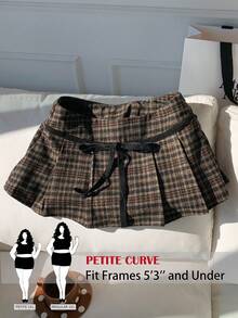 SHEIN PETITE CURVE 大码女式格子蝴蝶结装饰休闲褶皱羊毛裙 - 棕色 - 查看 4