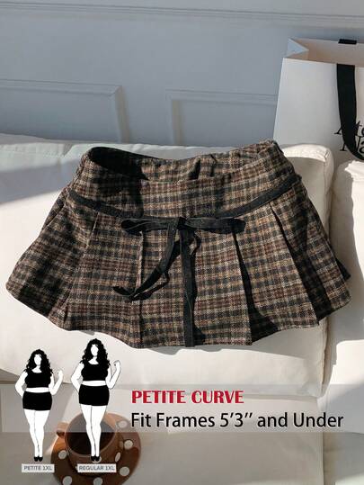 SHEIN PETITE CURVE Plus Size Women Plaid Bow Decor Casual Pleated Woolen Skirt