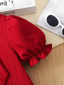 SHEIN 少女红色泡泡袖可爱大蝴蝶结A字连衣裙，优雅时尚，百搭实用，适合派对、郊游、姐妹合照、公园、露营、度假、日常休闲穿着。