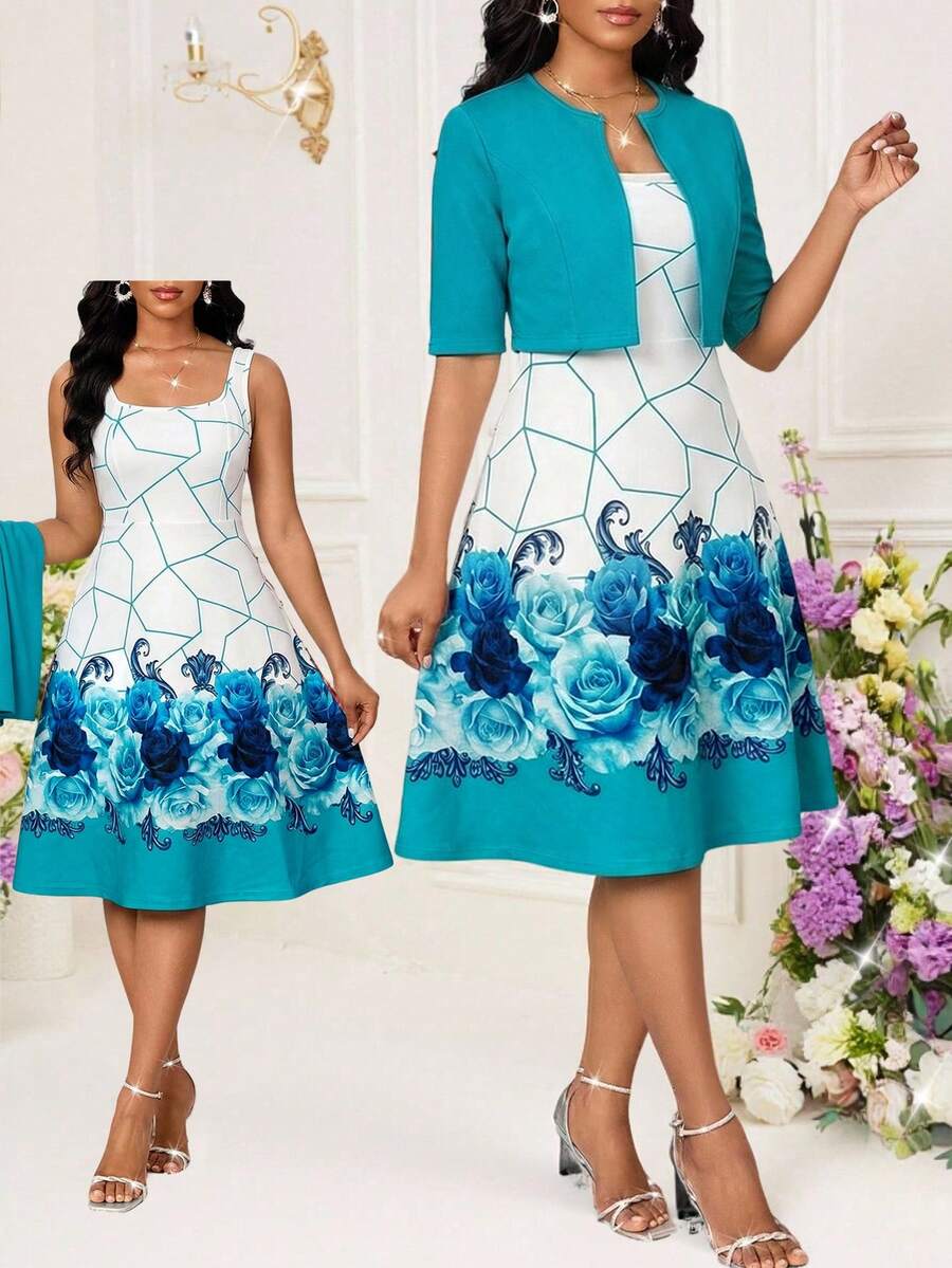 SHEIN Lady Bộ đồ nữ cổ vuông dây bản rộng họa tiết hoa thanh lịch gồm 2 món - Màu xanh lam - Xem 1