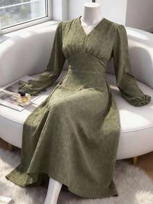 Veilorie Women's Elegant Party Solid Color Textured Lantern Sleeve Arabic Style Dress