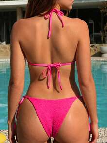 Swim Mod 两件式泳衣，女士夏季沙滩装，纹理挂脖比基尼上衣和系带比基尼下装 - 玫紅色 - 查看 2