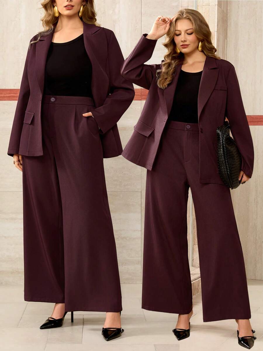 Roveilla Women's Elegant French Style Long Sleeve Blazer Jacket With Lapel Collar And Single-Breasted Design, Paired With Wide-Leg Suit Pants, Suitable For Commuting, Vacation, Afternoon Tea, Romantic Occasions, High-Quality Fabric, Spring/Autumn - Maroon - View 1