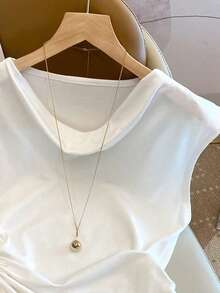 Resyla Women's Casual Scoop Neck Solid Color Cinched Waist T-Shirt - White - View 4