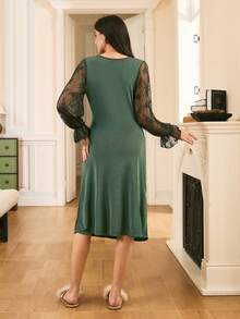 成熟优雅褶皱胸部，蕾丝拼接灯笼袖修身亮片针织女式睡裙 - 綠色 - 查看 2