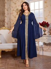 Reflora 大码女式贴花装饰开衩袖优雅连衣裙 - 藍色 - 查看 5