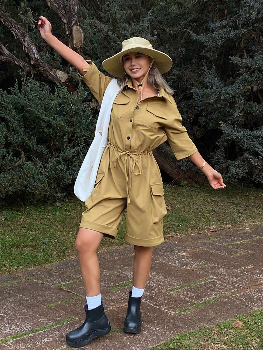 Livesso Women's Loose Casual Fashion Design Large Pocket Decor Lightweight Outdoor Street Tie-Up Drawstring Waist Turndown Collar Shirt Style Short Sleeve Cropped Jumpsuit, Spring/Summer Romper Lounge Sets For Women - Mustard Yellow - View 1