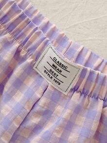 SHEIN 夏季少女两件套，紫色短袖T恤搭配格子短裤。风格甜美、清爽、休闲时尚。适合日常上学、运动、居家休闲以及参加派对等场合。 - 淡紫色 - 查看 3