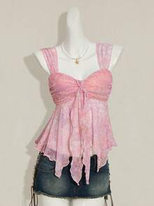 女士碎花不对称下摆可爱碎花衬衫，甜美夏秋上衣女装 - 淺粉色 - 查看 3