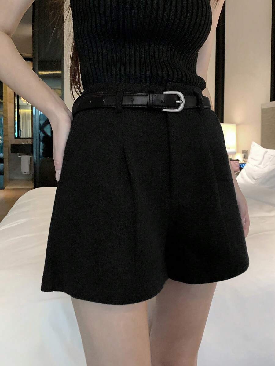 DAZY 女士纯色休闲宽松羊毛混纺短裤,秋冬季 - 黑色 - 查看 1