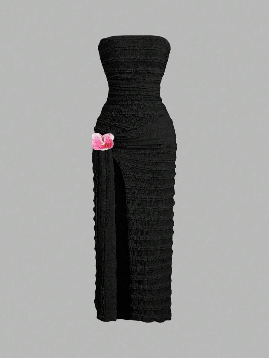 Sweetra 纯色3D立体花卉装饰无肩带高开衩连衣裙 - 黑色 - 查看 1