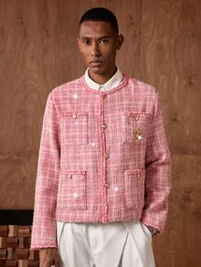 AKNOTIC Business Casual Men's Plaid Print Button Front Pocket Long Sleeve Cardigan Jacket - Pink - View 6