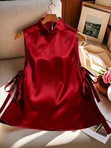 Franclia Women's New Elegant Mandarin Collar Sleeveless Loose Shirt With Side Bow Accent