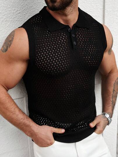 Manfinity Homme Men's Summer Fashionable Casual Hollow-Out Knit Vest Men Polo Shirts Knit Shirt Men Men Golf Shirt Men S Clothing Online Summer Wear For Men Men Mesh Top Fishnet Shirt Men Men Crochet Top Mens Muscle Shirt Mesh Men Top
