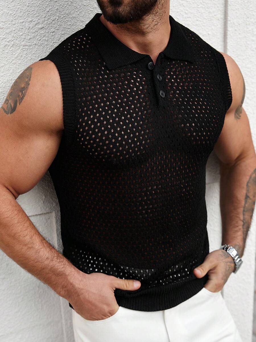 Manfinity Homme Men's Summer Fashionable Casual Hollow-Out Knit Vest Men Polo Shirts Knit Shirt Men Men Golf Shirt Men S Clothing Online Summer Wear For Men Men Mesh Top Fishnet Shirt Men Men Crochet Top Mens Muscle Shirt Mesh Men Top - Black - View 1