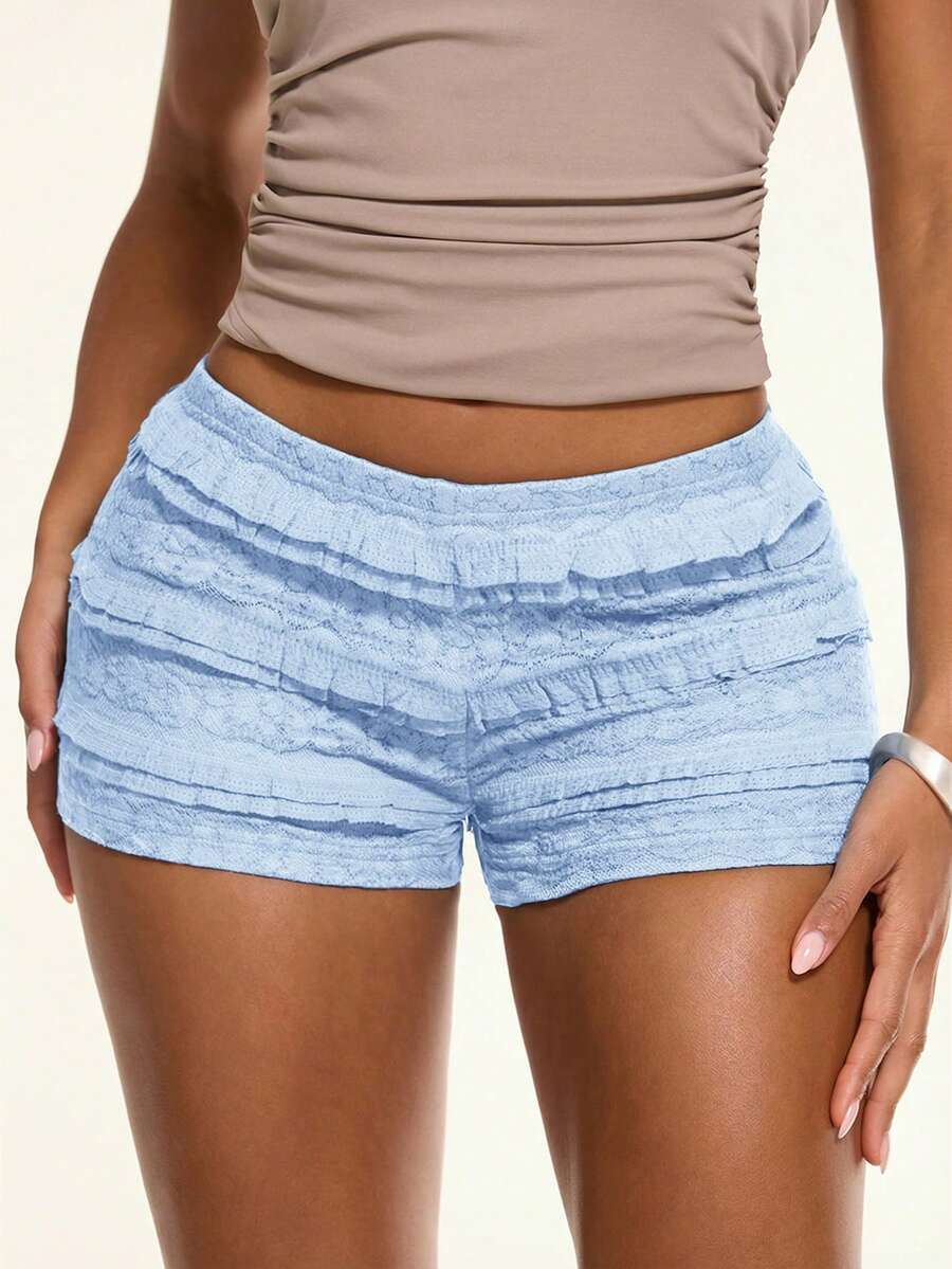SHEIN BAE Quần short mini cạp thấp phối ren, thích hợp cho kỳ nghỉ hè, tiệc bãi biển, phong cách Bohemian, thời trang nữ Boho, thanh lịch, đi nghỉ mát, lễ hội nhạc điện tử. - Màu xanh nhạt - Xem 1