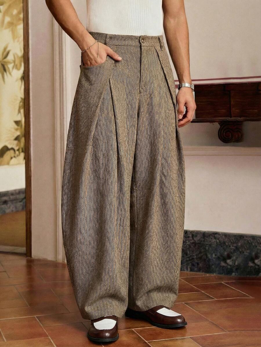 SWAVVY Men's Fashionable Jacquard Casual Loose Pants, Autumn/Winter Designer Pants Baggy Wide Leg Pants Tweed Pants Pleated Pants Boho Pants St Patrick's Day Tapestry Pants Herringbone Pants - Khaki - View 1