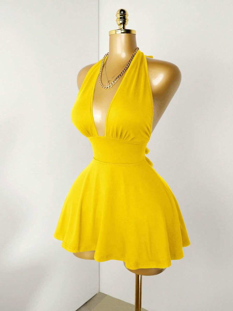 Mistrie Black Tight-Fitting Romper With Deep V-Neck, Backless Strap - Yellow - View 1