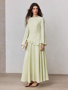 ZEYLAH Bell Sleeve Fitted Waist Flared Dress, Spring - Olive Green - View 4