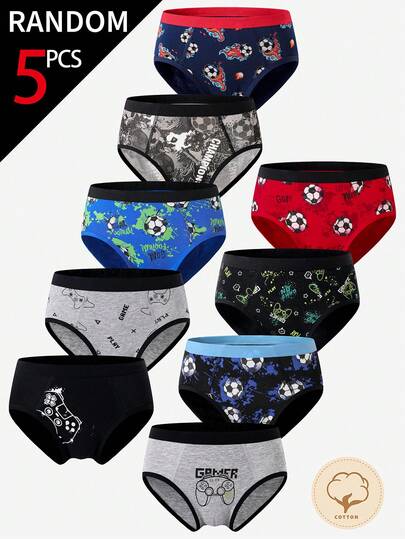 5 st/förpackning tonårspojkars retrografikspelkontroll, fotboll, färgglatt tryckt mjuk bomullsblandning med andningsbara trosor