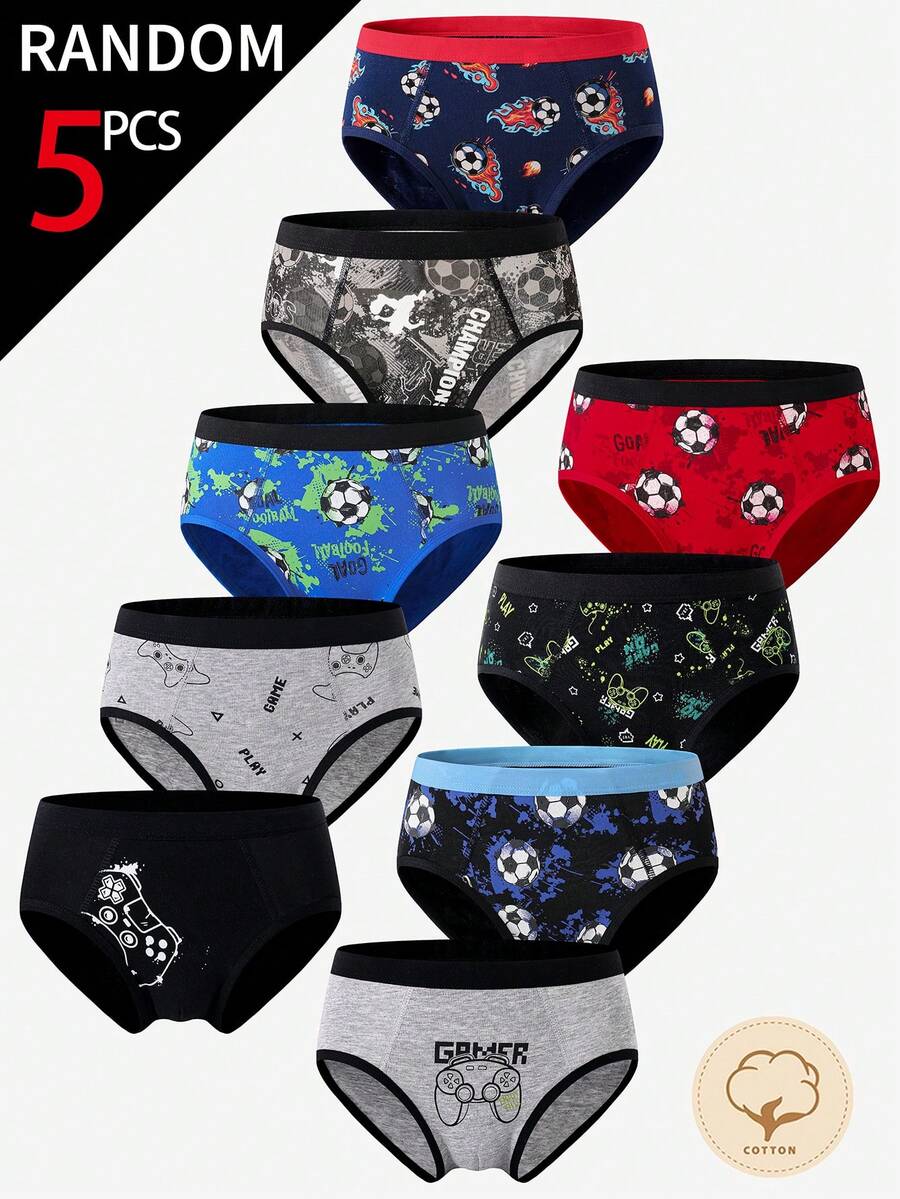 5条装青少年男孩复古图案游戏手柄、足球、彩色印花柔软棉混纺透气三角裤 - 彩色 - 查看 1