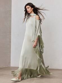 ZEYLAH Loose Flowy Fringed Dress With Asymmetrical Shoulder Tie Straps, Spring - Mint Green - View 6