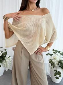 Aloruh 女士优雅波西米亚风度假风露肩罩衫，不对称下摆宽松针织套头衫 - 卡其色 - 查看 4