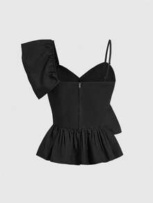 ROMWE Kawaii Women's Summer Fashion Solid Color Ruffle Asymmetric Blouse - Black - View 2