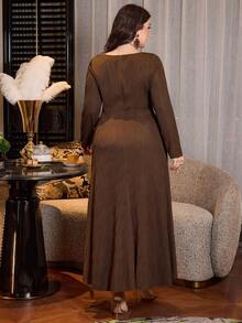 Modelyn Abito a-line elegante da donna taglie forti, in marrone, con motivo jacquard a onde in maglia e inserti in chiffon, adatto per primavera/estate - Castano - Visualizzare 2