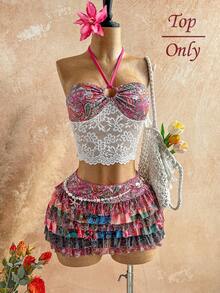 Soleia 女士彩色佩斯利复古印花拼接蕾丝无肩带系带露背吊带背心，休闲、约会、情人节、下午茶、海滩、邮轮、城市度假、音乐节、派对、波西米亚风、嬉皮风、西部风、百搭、日常通勤、仙女风、派对、复古上衣、复古、音乐节、休闲度假吊带背心、波西米亚风度假上衣 - 彩色 - 查看 9